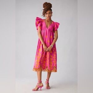 Anthropologie Vibrant Pink and Orange Midi Dress